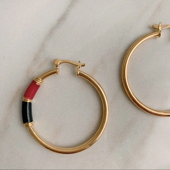Red Black Enamel Tube Hoops | 18k Gold Filled - Picture 4 of 6